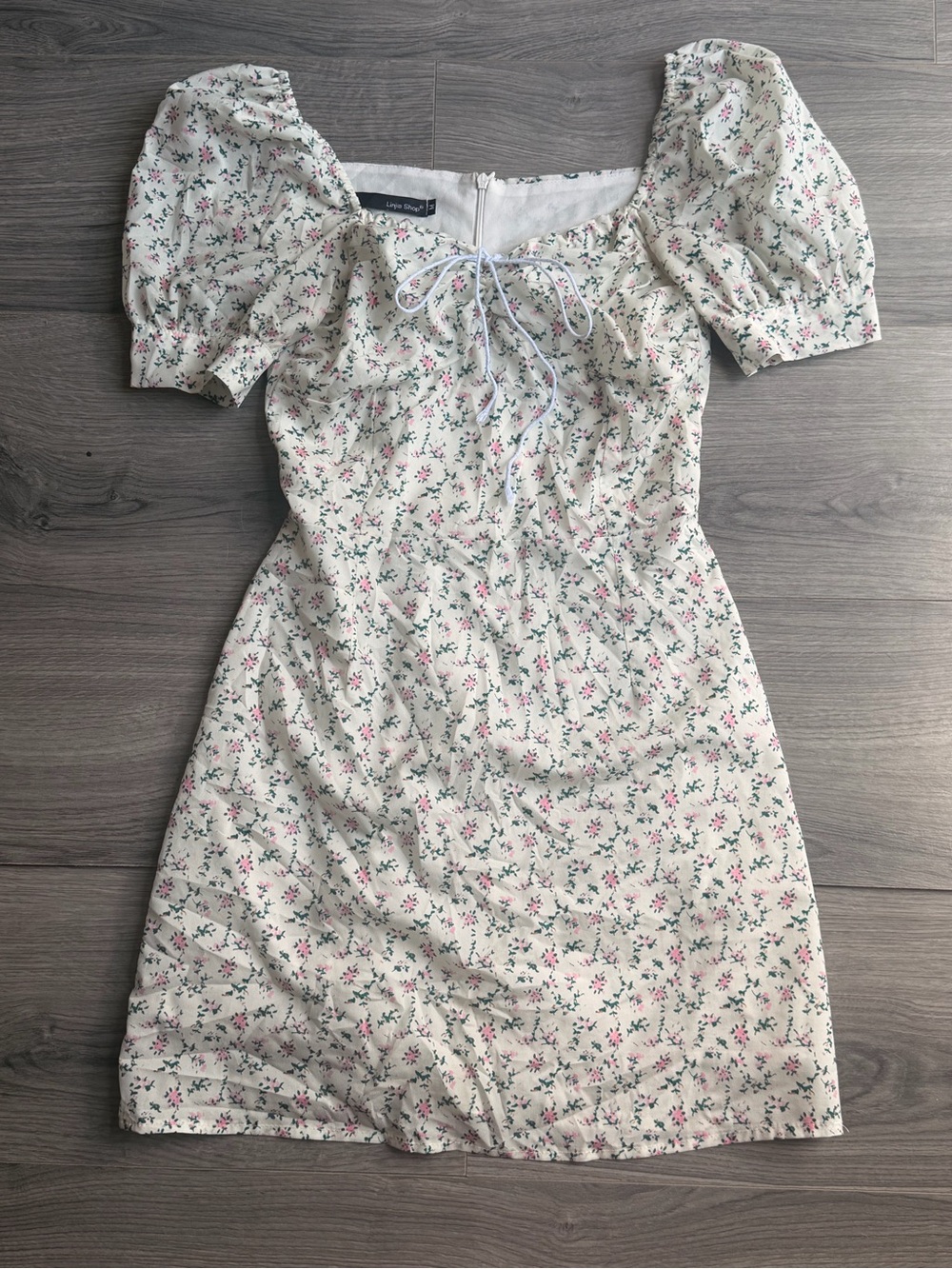 Floral Puff Sleeve Mini Dress in Cream with Pink Print